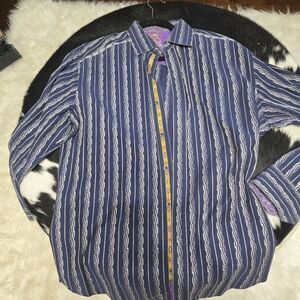 Robert Graham Designer Men's Blue silver  Striped Dress Shirt 42 16.5